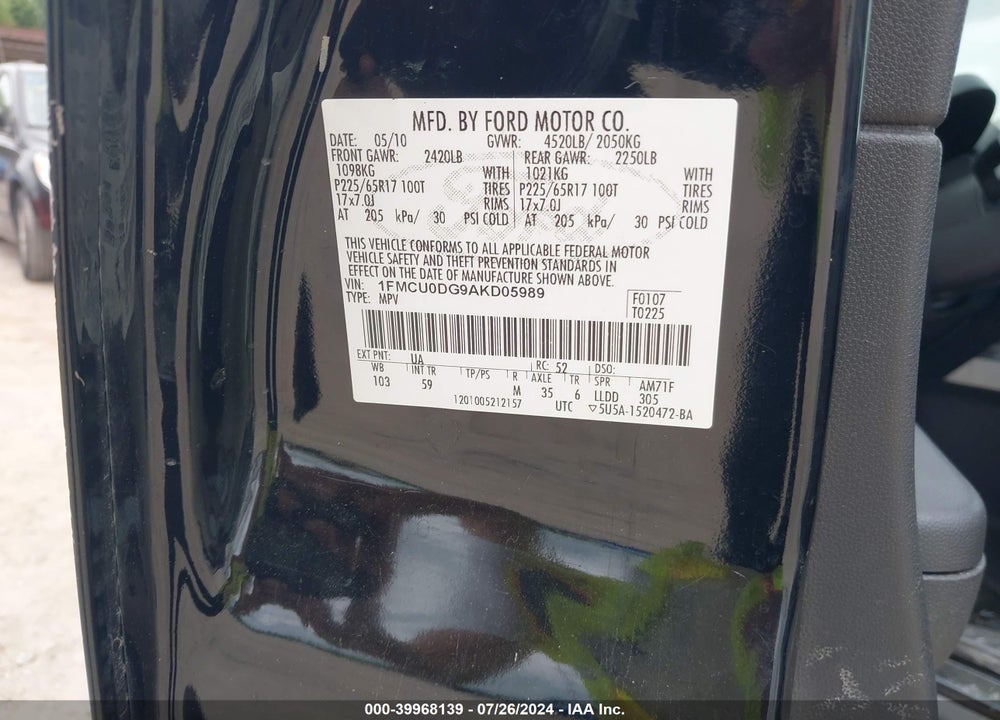 2010 FORD ESCAPE XLT VIN: 1FMCU0DG9AKD05989