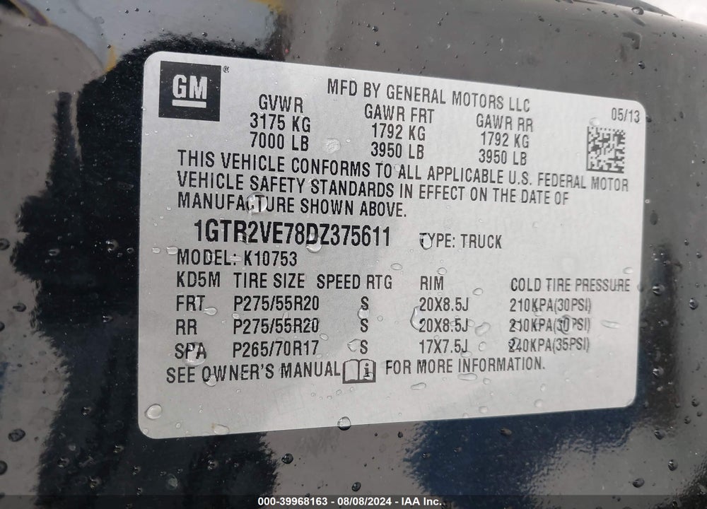 2013 GMC SIERRA 1500 SLE VIN: 1GTR2VE78DZ375611