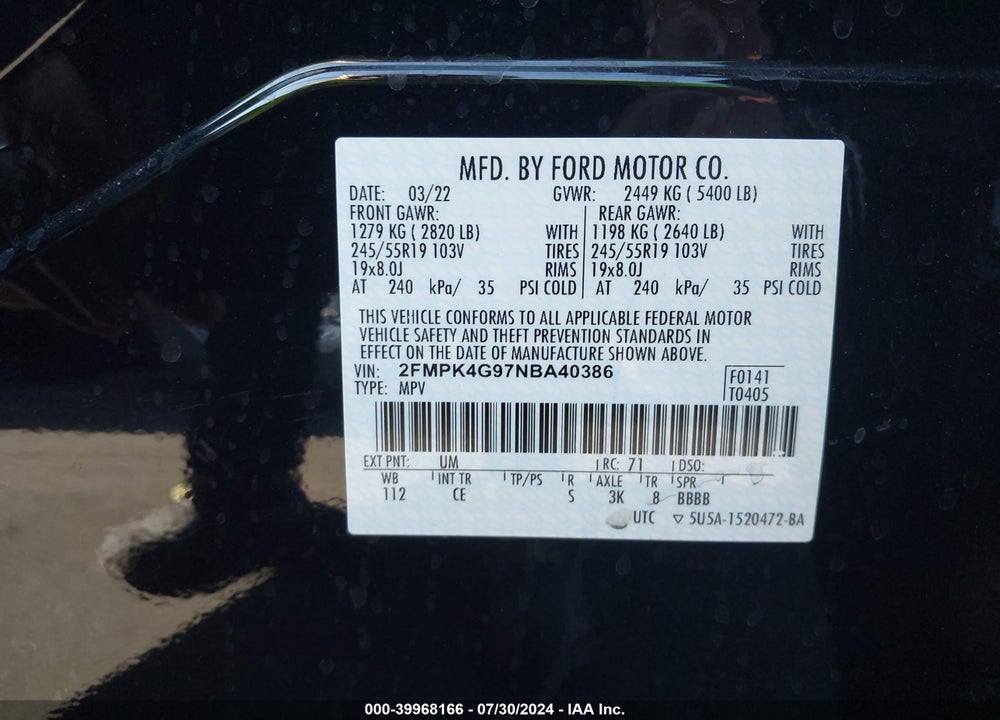 2022 FORD EDGE SE VIN: 2FMPK4G97NBA40386