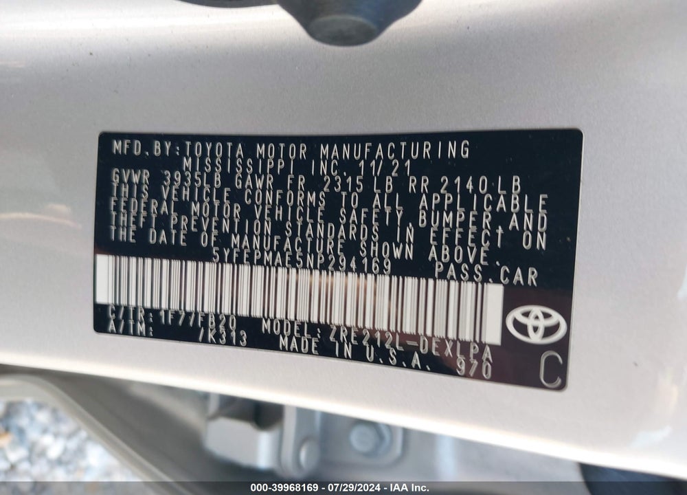 2022 TOYOTA COROLLA LE VIN: 5YFEPMAE5NP294169