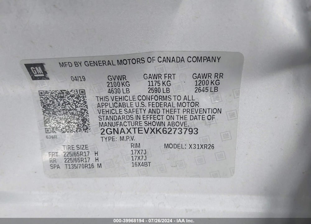 2019 CHEVROLET EQUINOX VIN: 2GNAXTEVXK6273793
