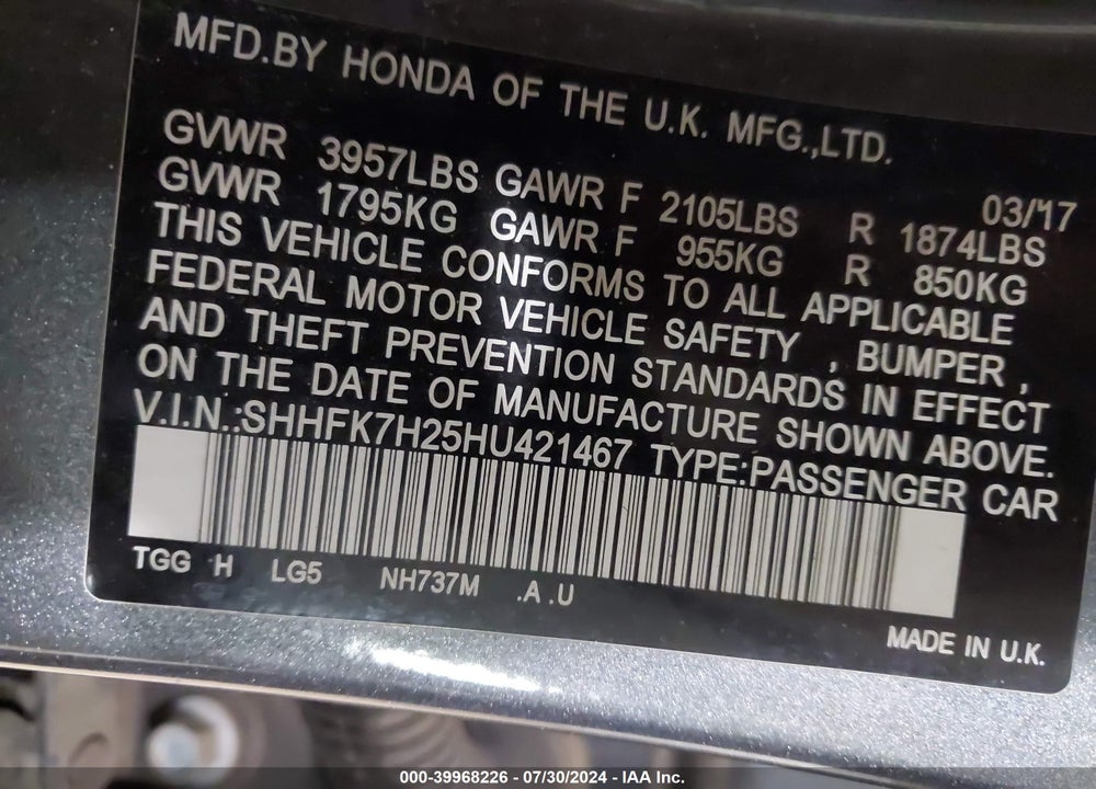 2017 HONDA CIVIC LX VIN: SHHFK7H25HU421467