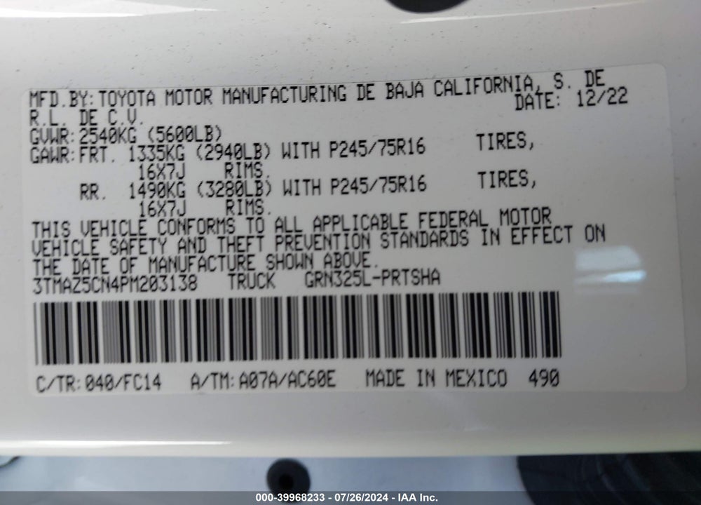 2023 TOYOTA TACOMA SR5 V6 VIN: 3TMAZ5CN4PM203138