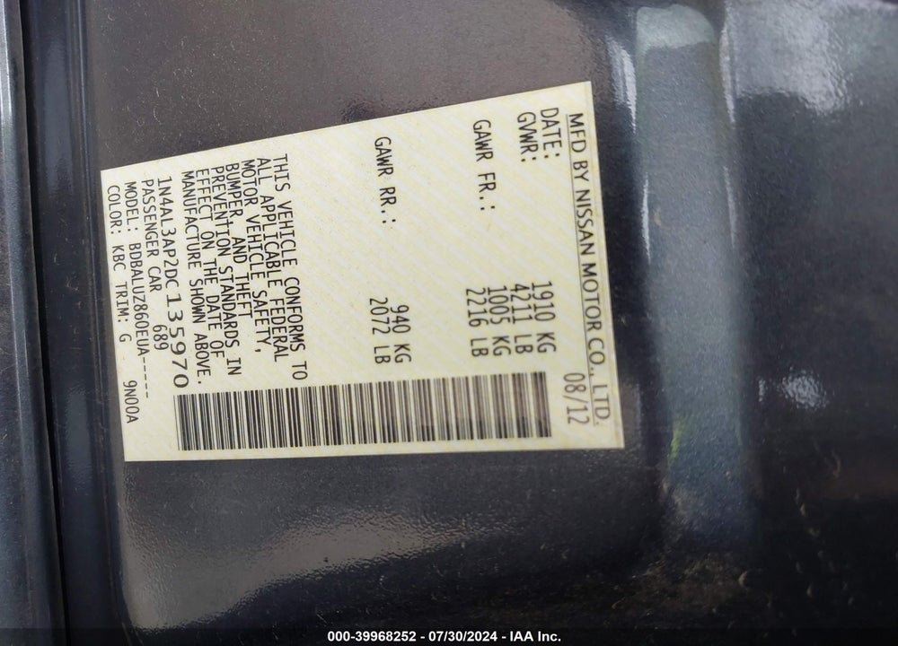 2013 NISSAN ALTIMA 2.5 SV VIN: 1N4AL3AP2DC135970