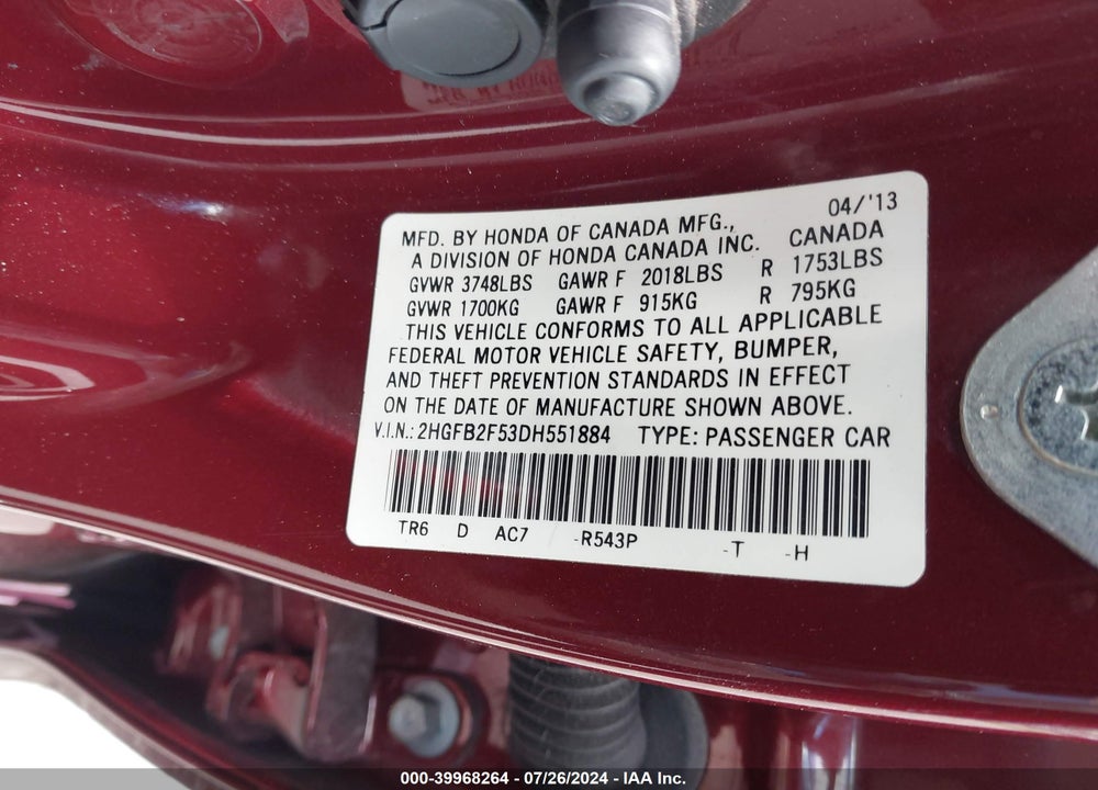 2013 HONDA CIVIC LX VIN: 2HGFB2F53DH551884