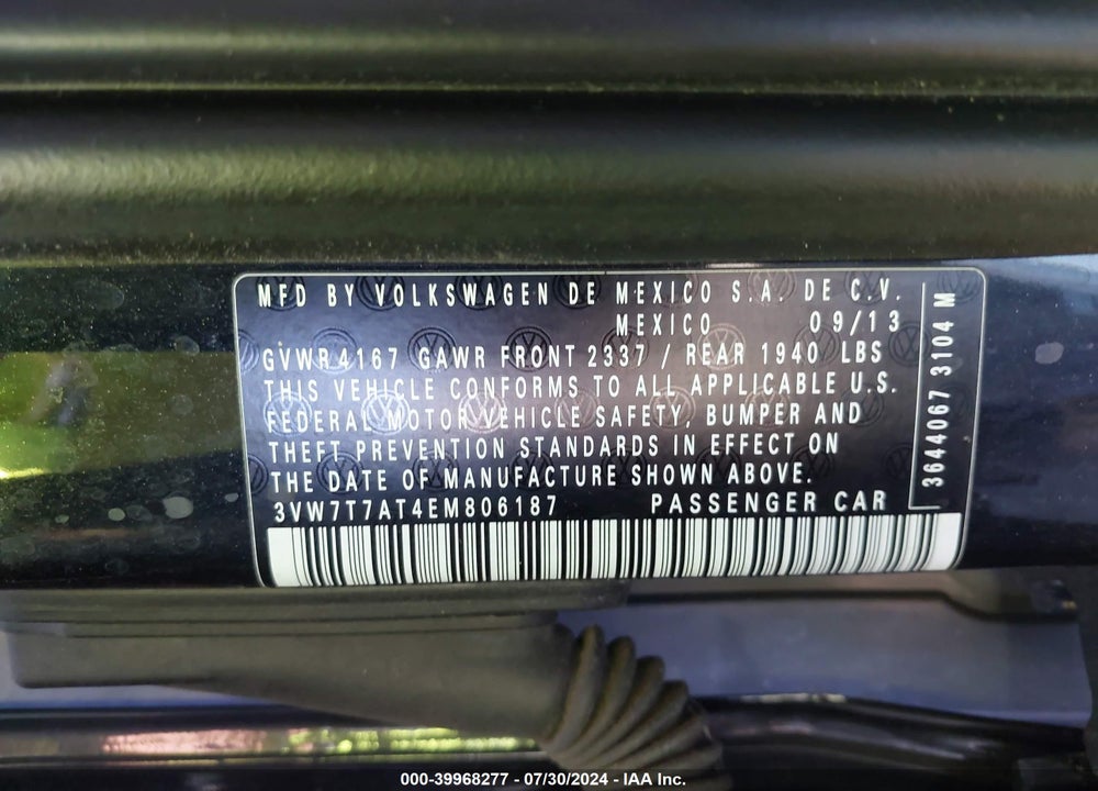 2014 VOLKSWAGEN BEETLE 2.0T R-LINE VIN: 3VW7T7AT4EM806187