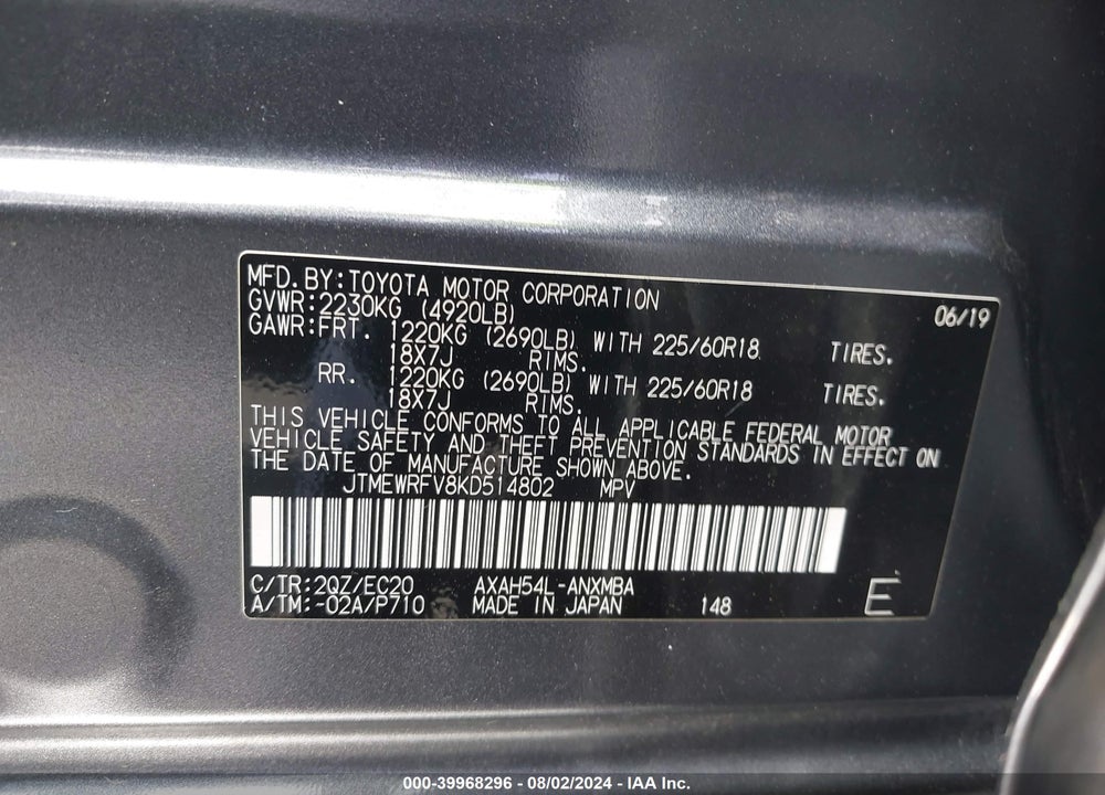 2019 TOYOTA RAV4 HYBRID VIN: JTMEWRFV8KD514802
