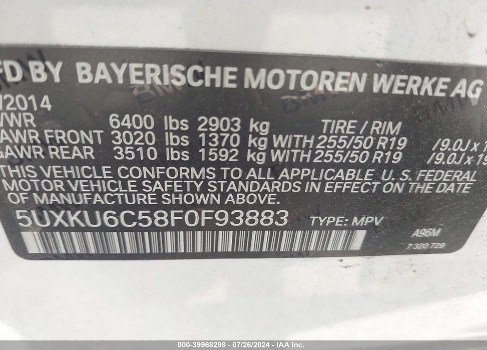2015 BMW X6 XDRIVE50I VIN: 5UXKU6C58F0F93883