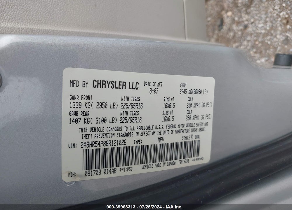 2008 CHRYSLER TOWN & COUNTRY TOURING VIN: 2A8HR54P88R121026