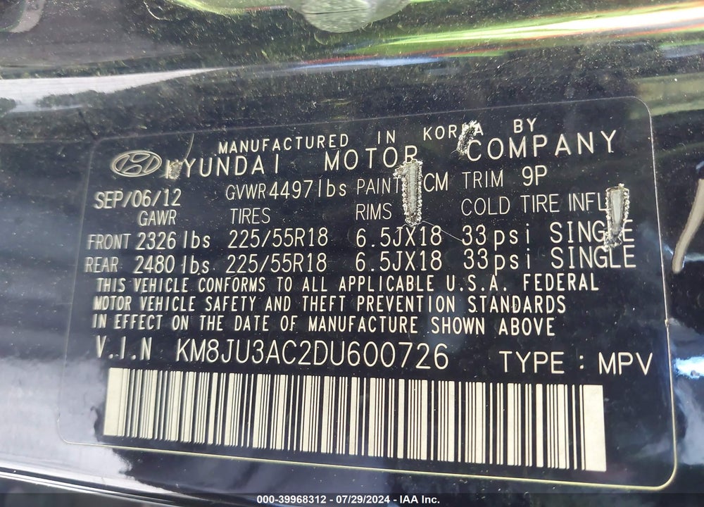 2013 HYUNDAI TUCSON LIMITED VIN: KM8JU3AC2DU600726