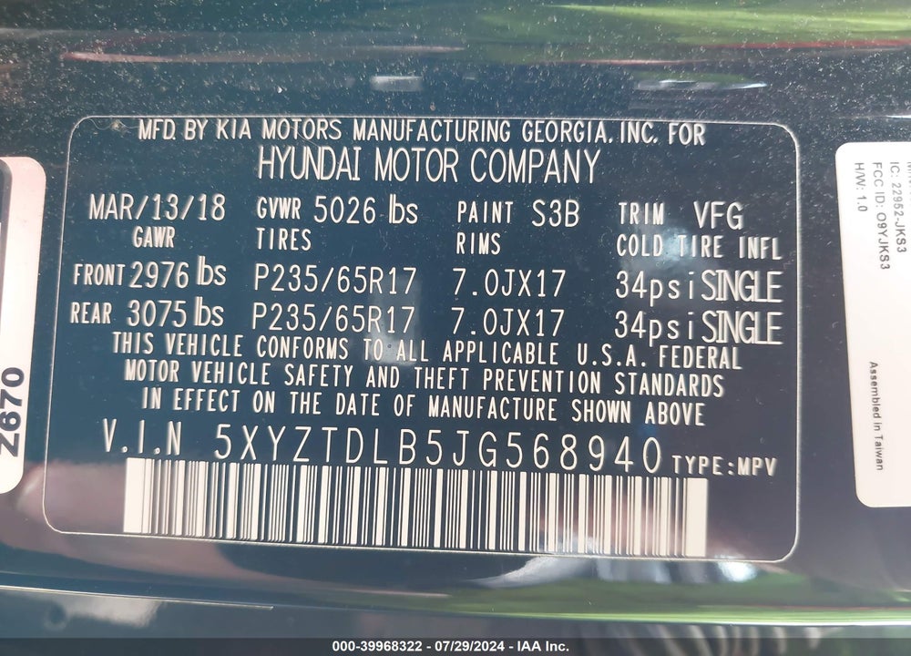 2018 HYUNDAI SANTA FE SPORT 2.4L VIN: 5XYZTDLB5JG568940