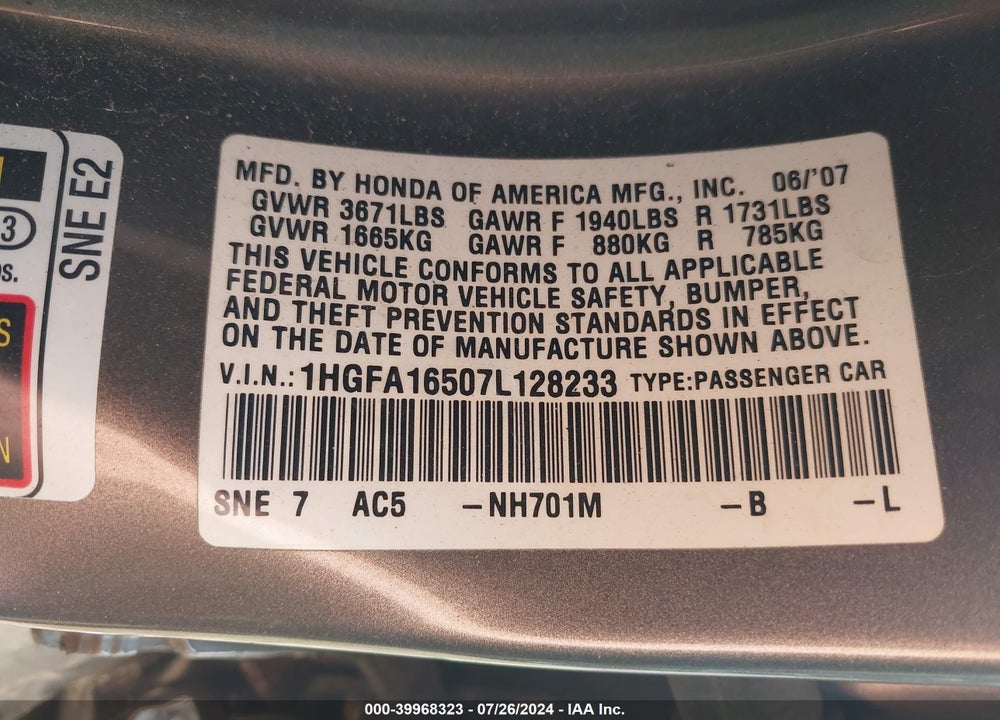 2007 HONDA CIVIC LX VIN: 1HGFA16507L128233