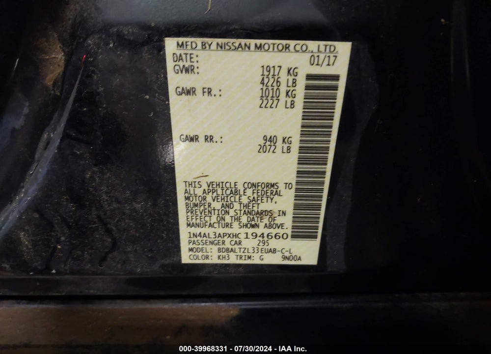 2017 NISSAN ALTIMA 2.5 SL VIN: 1N4AL3APXHC194660