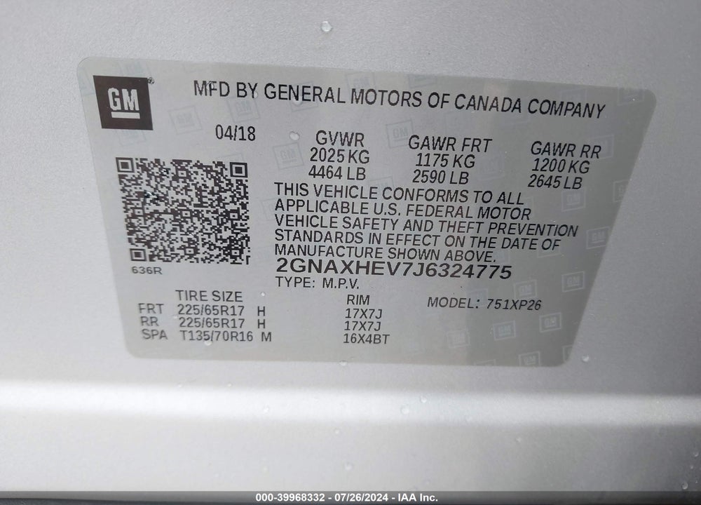 2018 CHEVROLET EQUINOX VIN: 2GNAXHEV7J6324775