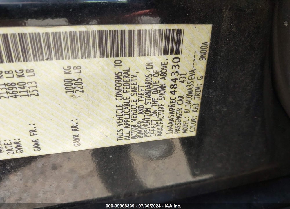 2014 NISSAN MAXIMA 3.5 S/3.5 SV VIN: 1N4AA5AP8EC484330