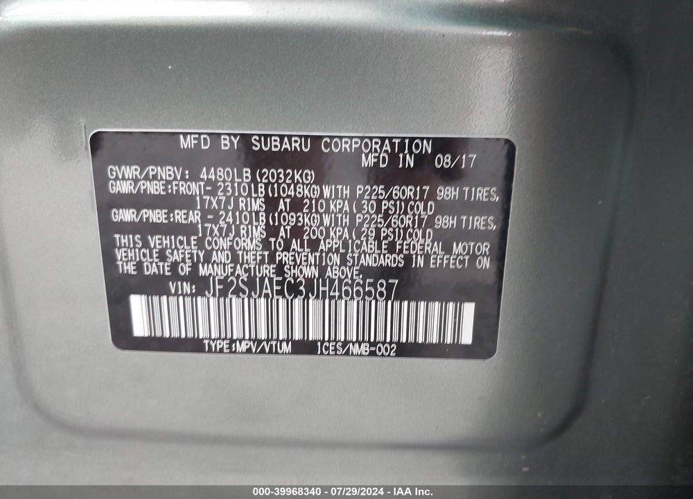 2018 SUBARU FORESTER 2.5I PREMIUM VIN: JF2SJAEC3JH466587