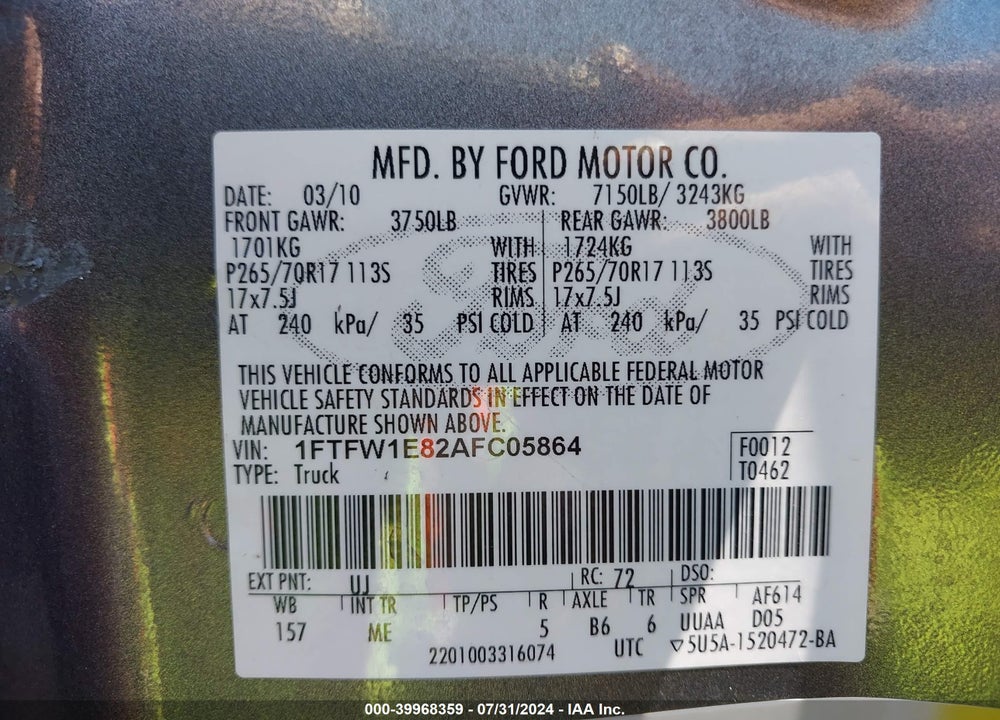 2010 FORD F-150 XLT VIN: 1FTFW1E82AFC05864