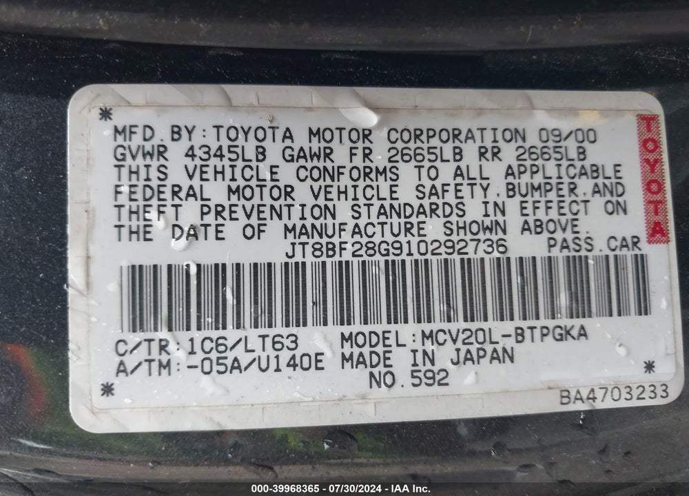 2001 LEXUS ES 300 VIN: JT8BF28G910292736