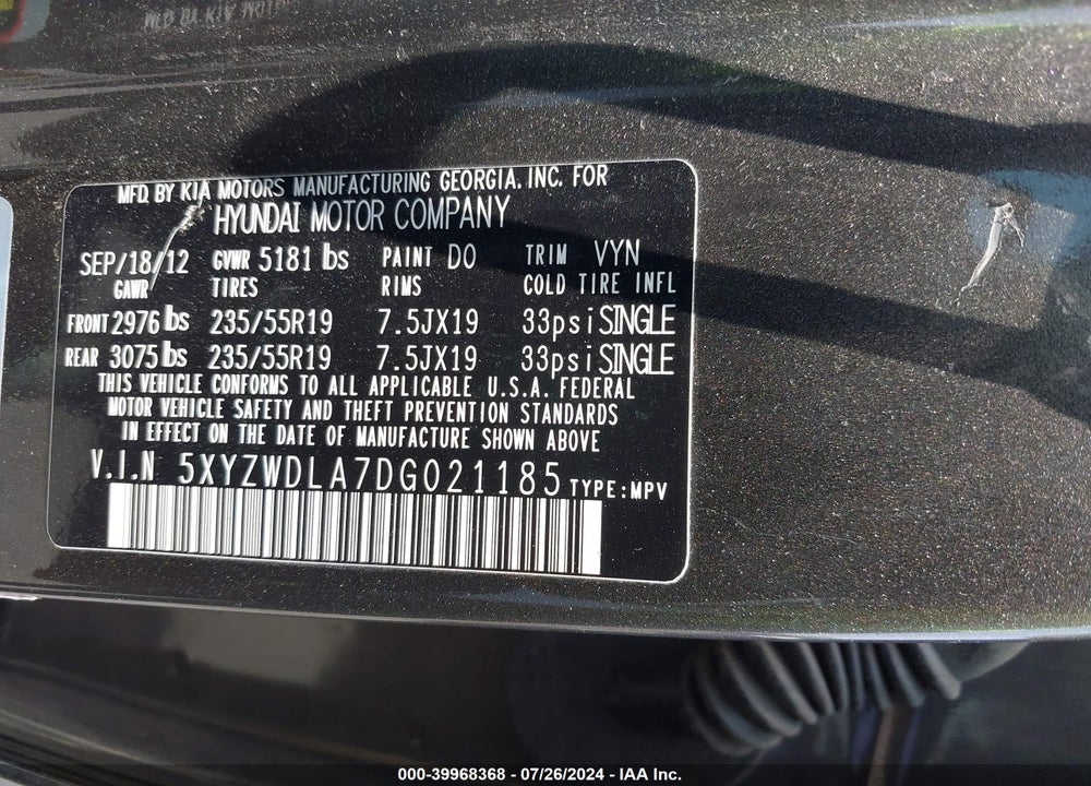2013 HYUNDAI SANTA FE SPORT 2.0T VIN: 5XYZWDLA7DG021185