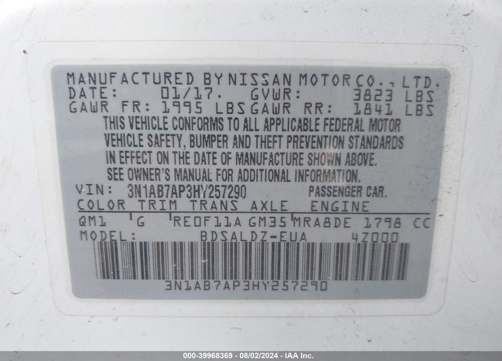 2017 NISSAN SENTRA SV VIN: 3N1AB7AP3HY257290