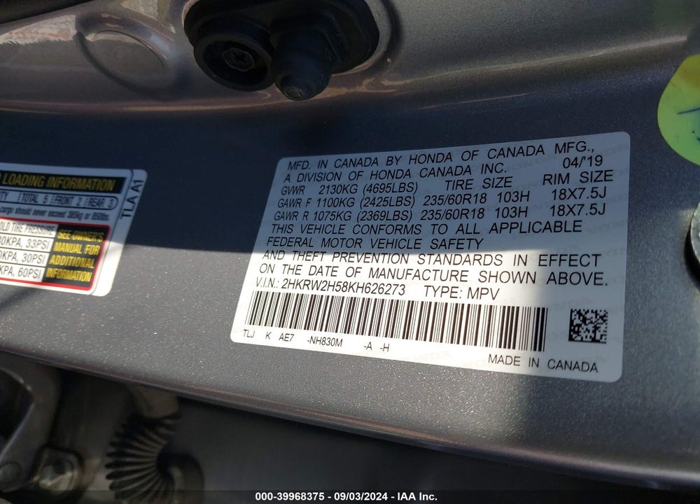 2019 HONDA CR-V EX VIN: 2HKRW2H58KH626273