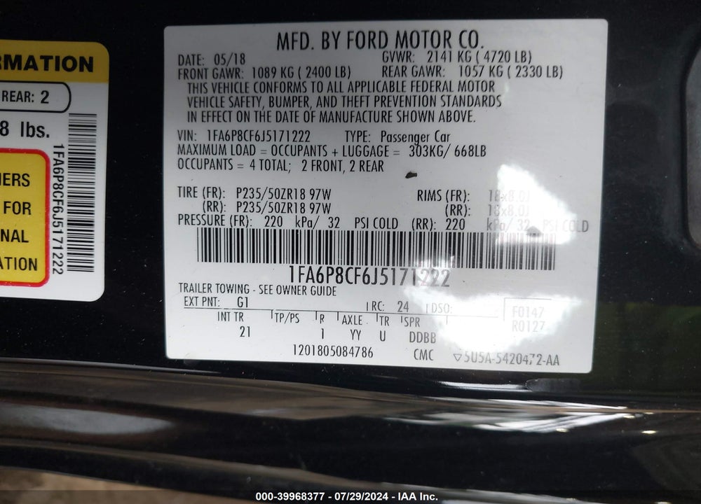 2018 FORD MUSTANG GT VIN: 1FA6P8CF6J5171222