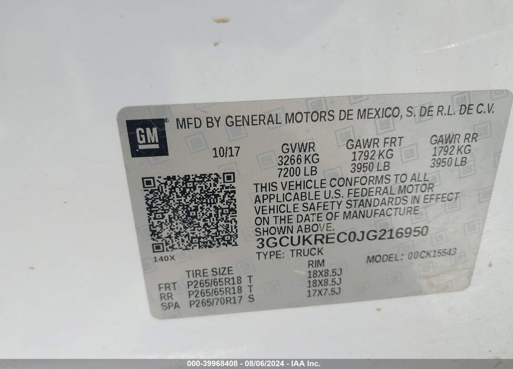 2018 CHEVROLET SILVERADO 1500 1LT VIN: 3GCUKREC0JG216950