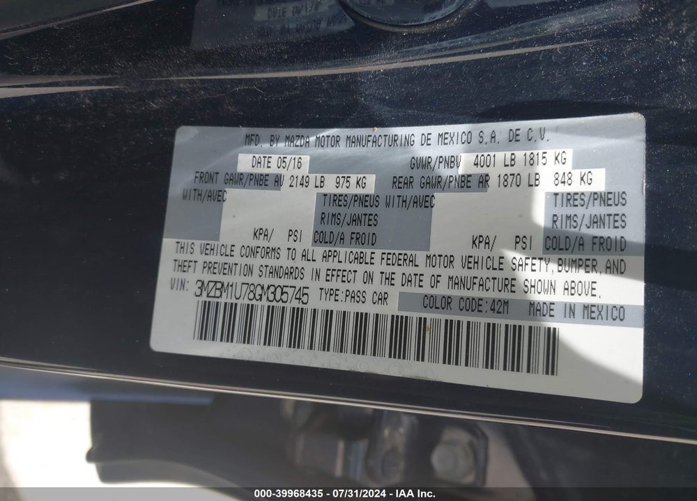2016 MAZDA 3 I SPORT VIN: 3MZBM1U78GM305745