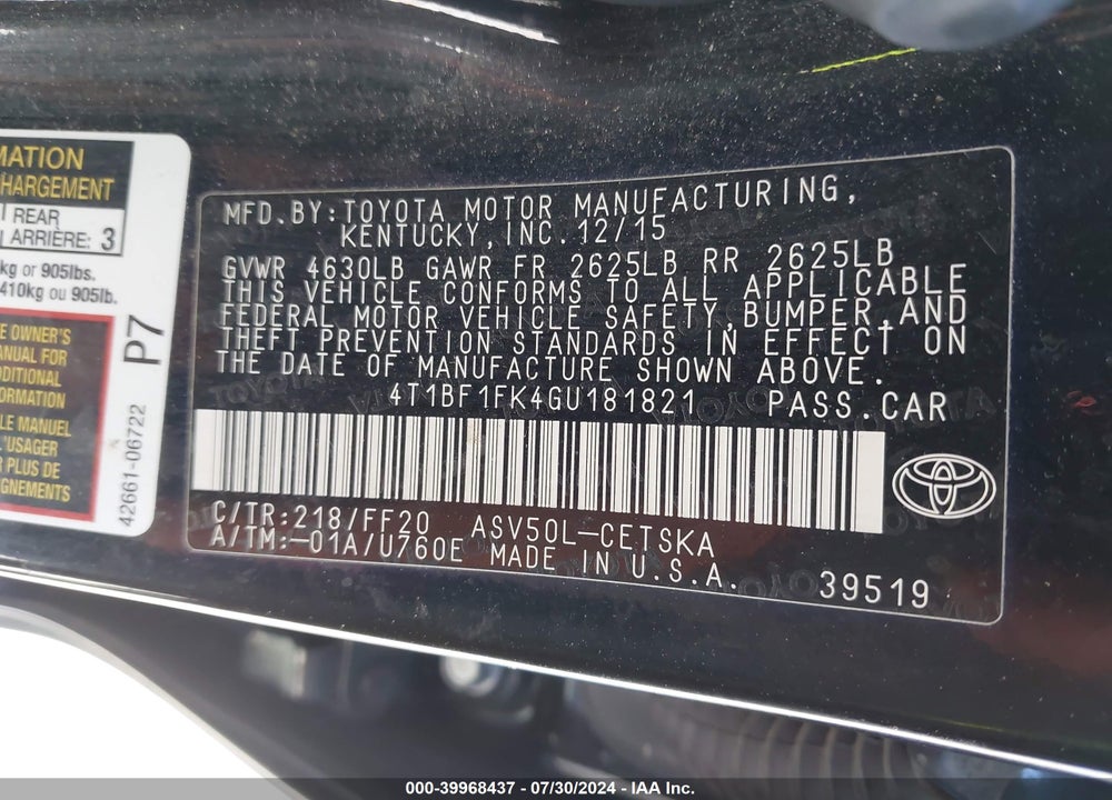 2016 TOYOTA CAMRY SE VIN: 4T1BF1FK4GU181821