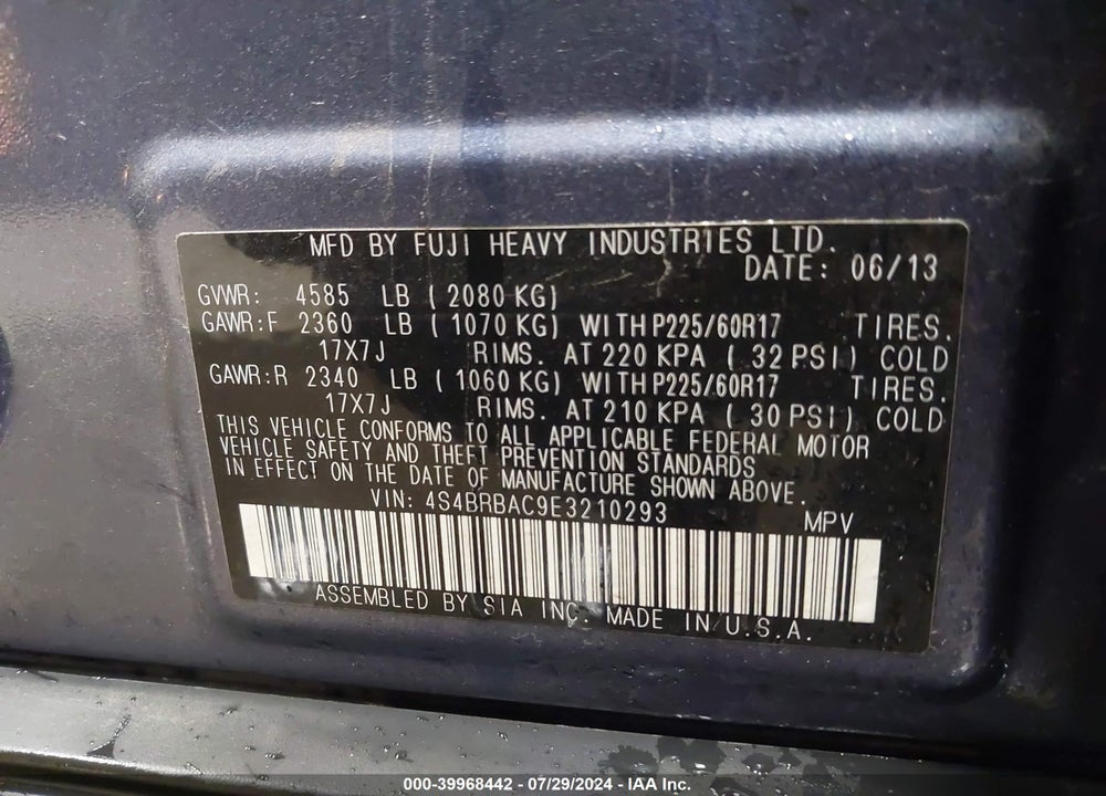 2014 SUBARU OUTBACK VIN: 4S4BRBAC9E3210293