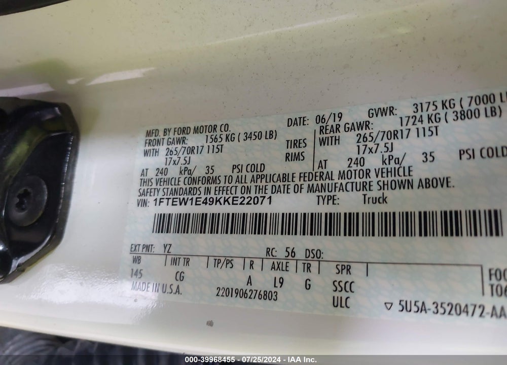 2019 FORD F-150 XL VIN: 1FTEW1E49KKE22071