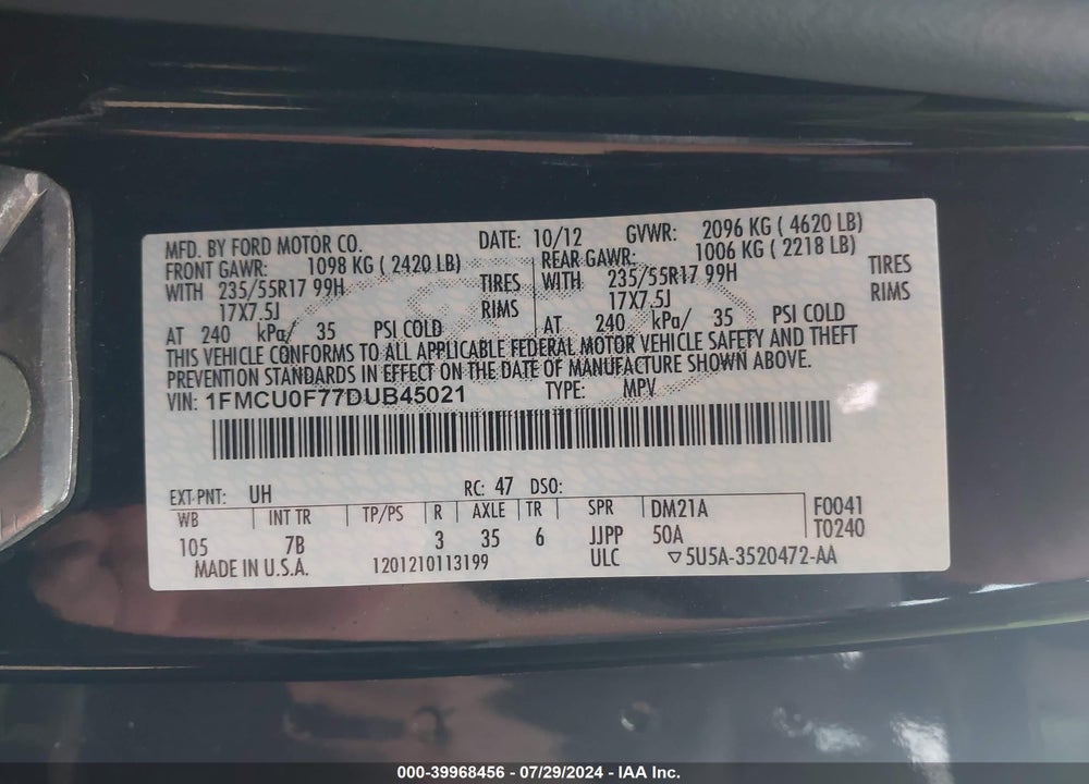 2013 FORD ESCAPE S VIN: 1FMCU0F77DUB45021