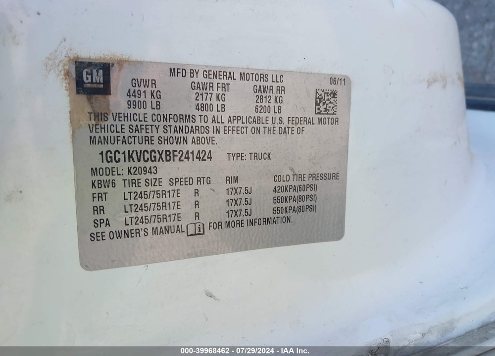 2011 CHEVROLET SILVERADO 2500HD WORK TRUCK VIN: 1GC1KVCGXBF241424