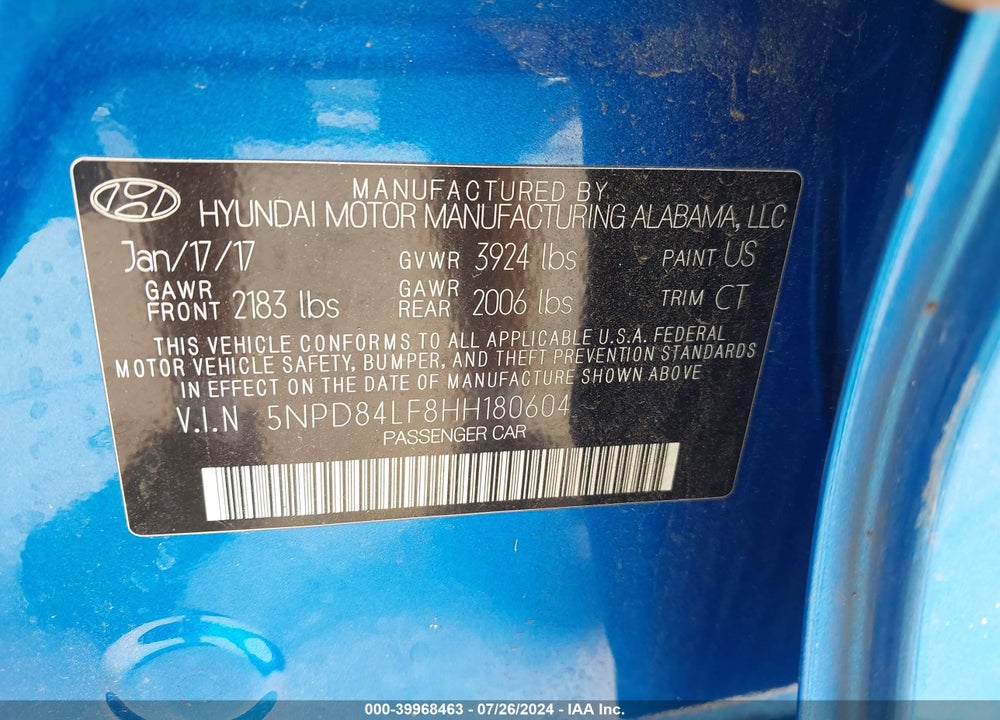 2017 HYUNDAI ELANTRA VALUE EDITION VIN: 5NPD84LF8HH180604