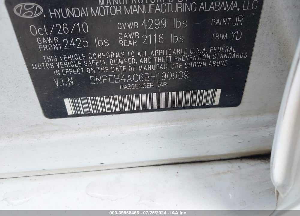 2011 HYUNDAI SONATA GLS VIN: 5NPEB4AC6BH190909