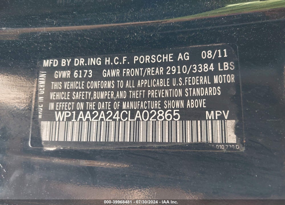 2012 PORSCHE CAYENNE VIN: WP1AA2A24CLA02865