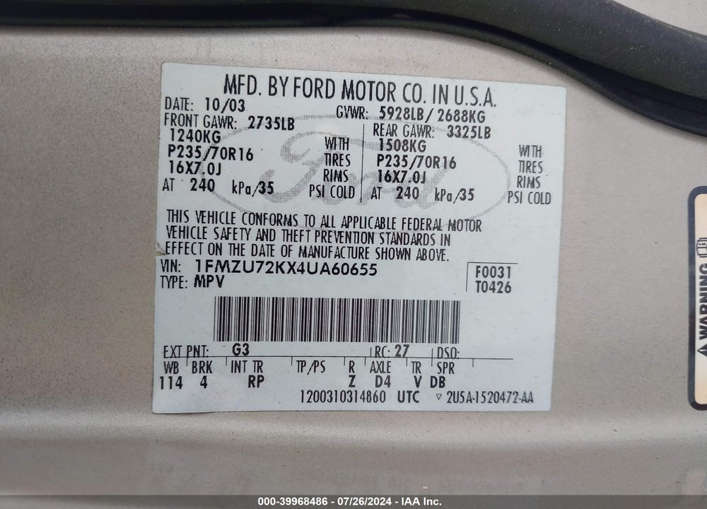 2004 FORD EXPLORER XLS VIN: 1FMZU72KX4UA60655