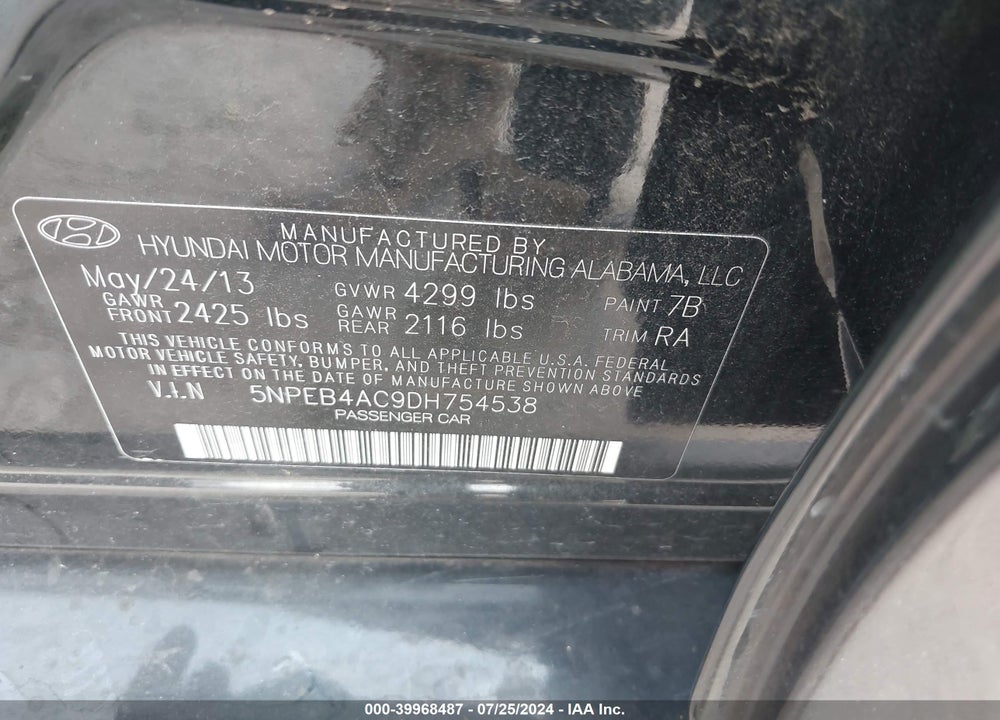 2013 HYUNDAI SONATA GLS VIN: 5NPEB4AC9DH754538