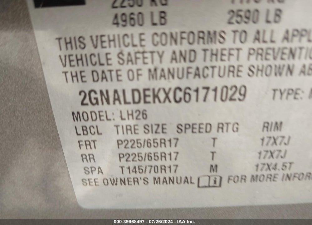 2012 CHEVROLET EQUINOX 1LT VIN: 2GNALDEKXC6171029