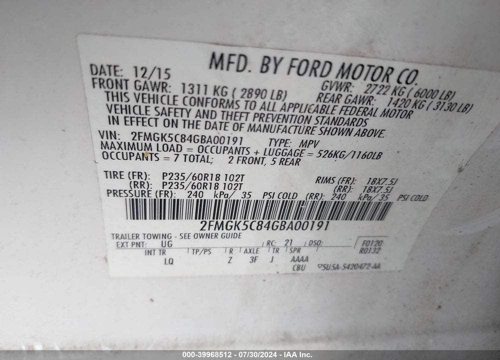 2016 FORD FLEX VIN: 2FMGK5C84GBA00191