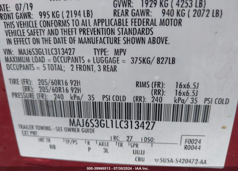 2020 FORD ECOSPORT SE VIN: MAJ6S3GL1LC313427