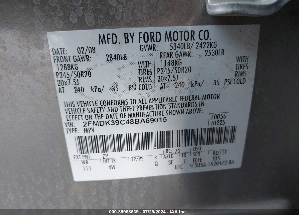 2008 FORD EDGE LIMITED VIN: 2FMDK39C48BA69015