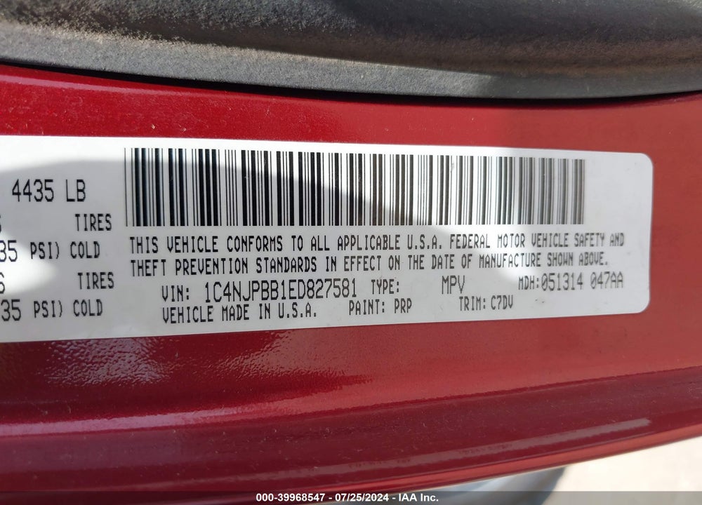 2014 JEEP PATRIOT SPORT VIN: 1C4NJPBB1ED827581