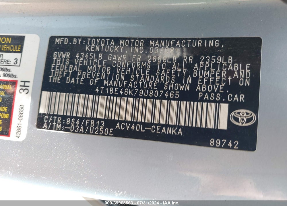 2009 TOYOTA CAMRY LE VIN: 4T1BE46K79U807465