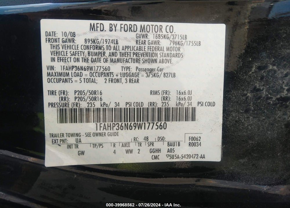 2009 FORD FOCUS SES VIN: 1FAHP36N69W177560