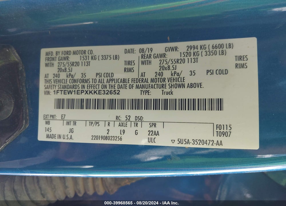 2019 FORD F-150 XL VIN: 1FTEW1EPXKKE32652