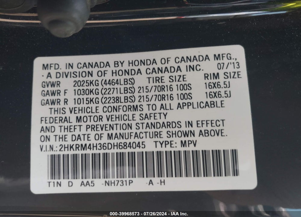 2013 HONDA CR-V LX VIN: 2HKRM4H36DH684045
