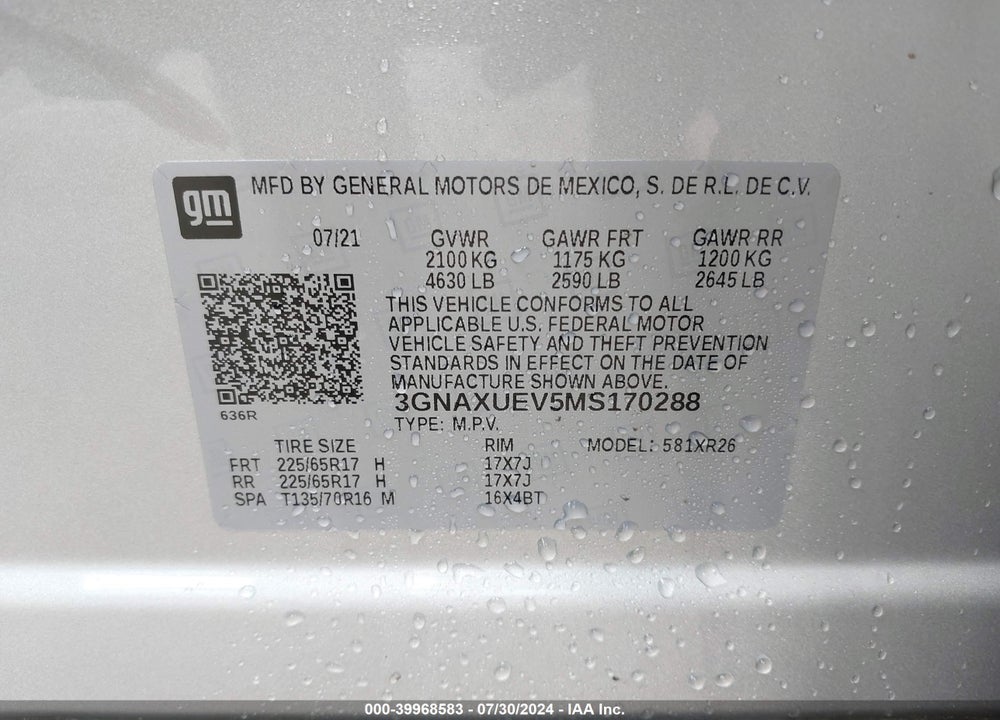 2021 CHEVROLET EQUINOX AWD LT VIN: 3GNAXUEV5MS170288