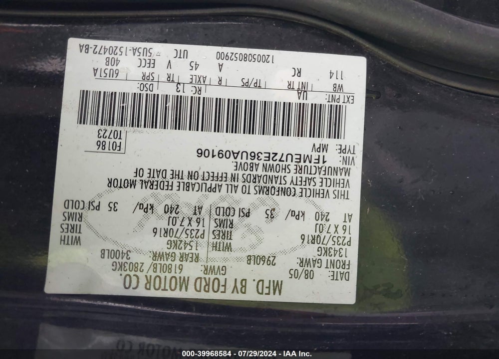 2006 FORD EXPLORER XLS VIN: 1FMEU72E36UA09106