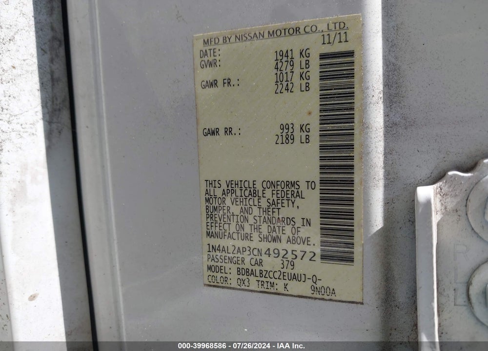 2012 NISSAN ALTIMA 2.5 S VIN: 1N4AL2AP3CN492572